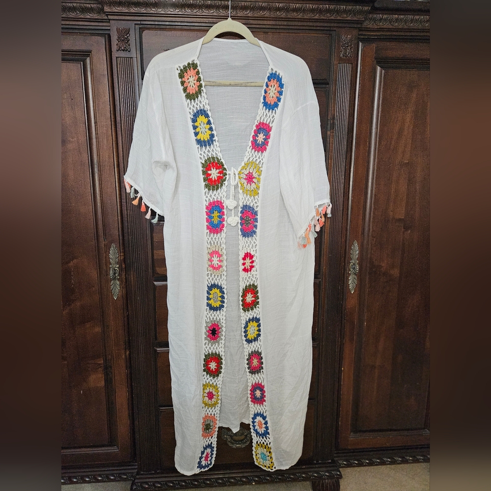 White Kimono with Colorful Crochet Accents
